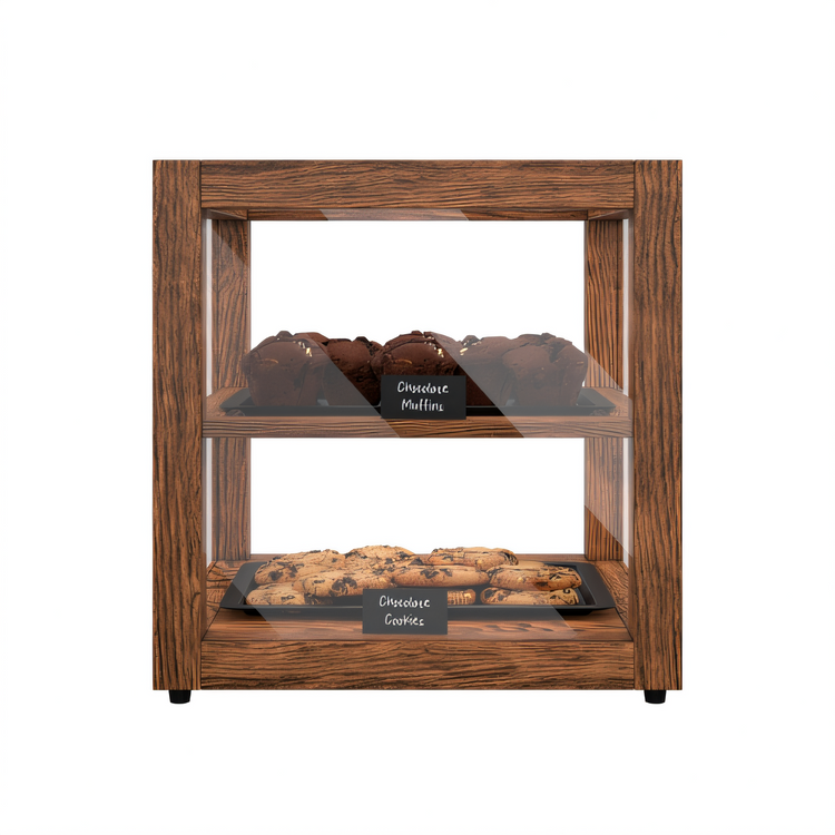 Product image #1 for KoolMore Rear-Open Countertop Bakery Display Case with 2 Tempered-Glass Shelves, Dark-Wood Finish, 1.0 Cu. Ft.