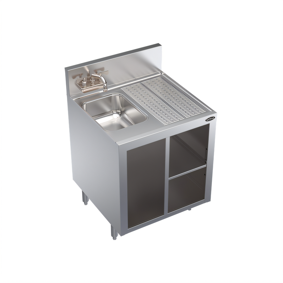 Product image #1 for Krowne Royal Series 24-Inch Stainless Steel Open Front Underbar Wet Waste Cabinet with Left Sink and Right Drainboard