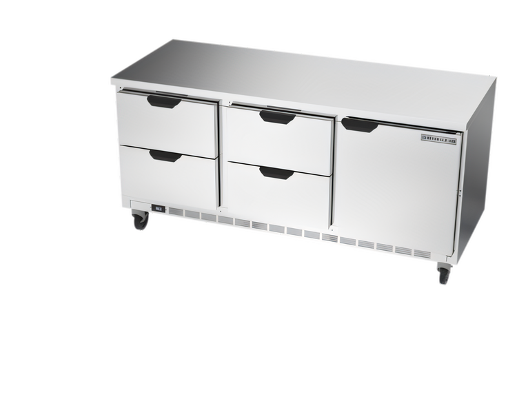 Product image #1 for Beverage-Air 72-Inch Three-Section Worktop Refrigerator, 4 Drawers, 1 Door, Flat Top