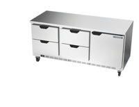 Beverage-Air 72-Inch Three-Section Worktop Refrigerator, 4 Drawers, 1 Door, Flat Top