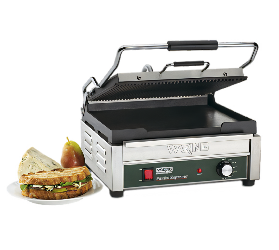 Product image #1 for Waring WDG250 Commercial Dual-Surface Electric Countertop Panini Grill with Ribbed Top and Flat Bottom Cast Iron Plates