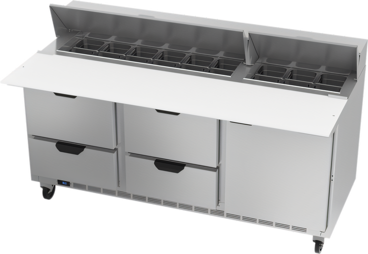 Product image #1 for Beverage Air 72-Inch Three-Section Sandwich Top Refrigerated Prep Table with 4 Drawers, 1 Door, and 18-Pan Opening