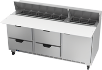 Beverage Air 72-Inch Three-Section Sandwich Top Refrigerated Prep Table with 4 Drawers, 1 Door, and 18-Pan Opening