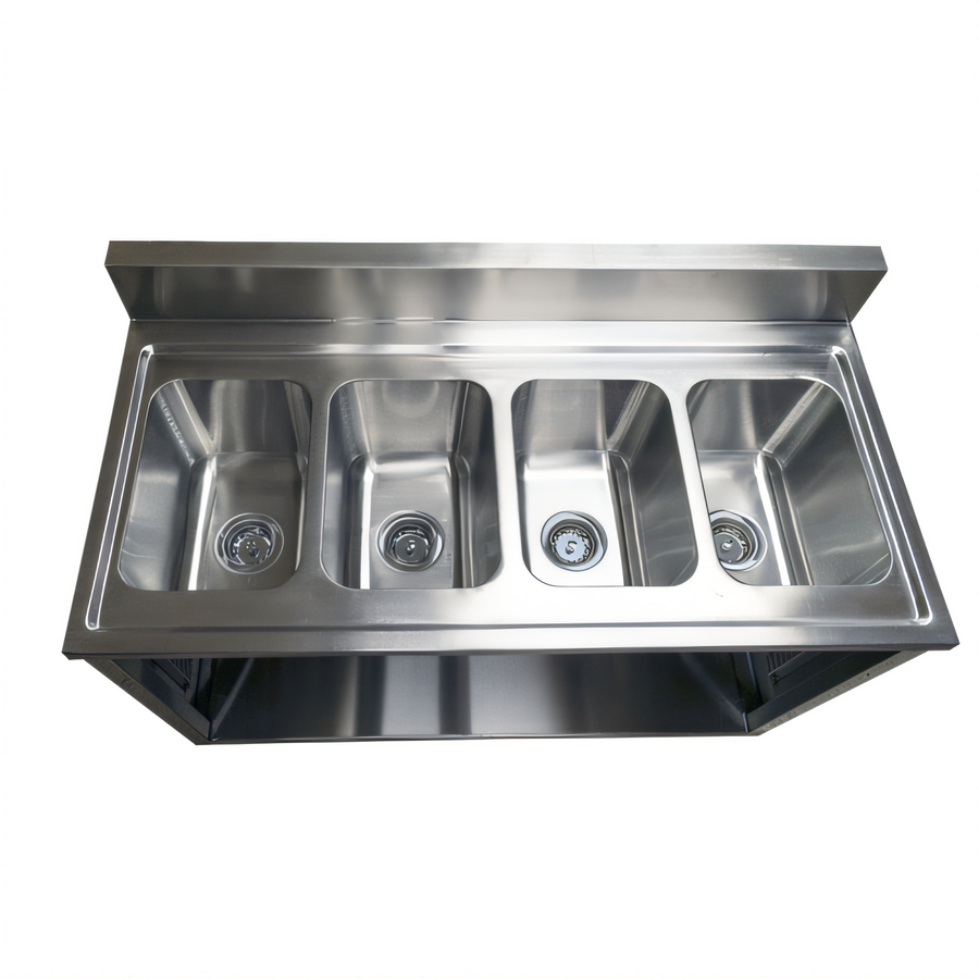 Product image #1 for BK Resources 4-Compartment Stainless Steel Sink Cabinet with Hinged Doors and 2 Gooseneck Faucets, 48 x 24 Inches