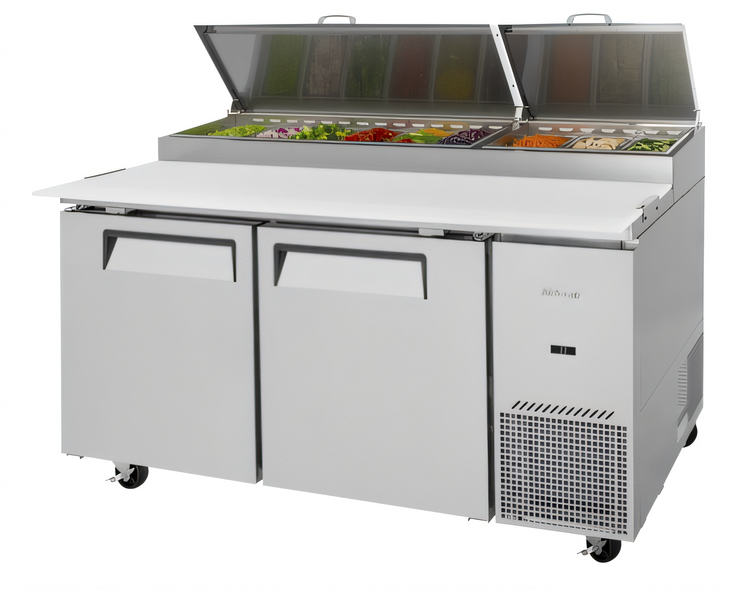 Product image #1 for Turbo Air Super Deluxe Two-Section Pizza Prep Table, 67-1/8 in. W, 20 Cu. Ft., Stainless Steel, Self-Contained Side-Mount Refrigeration