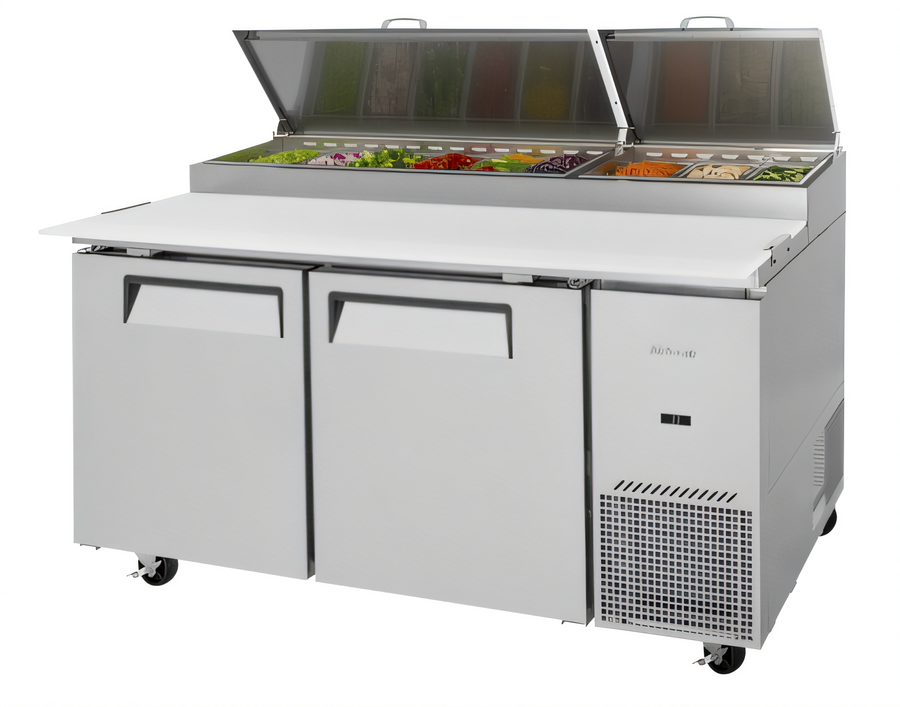 Product image #1 for Turbo Air Super Deluxe Two-Section Pizza Prep Table, 67-1/8 in. W, 20 Cu. Ft., Stainless Steel, Self-Contained Side-Mount Refrigeration