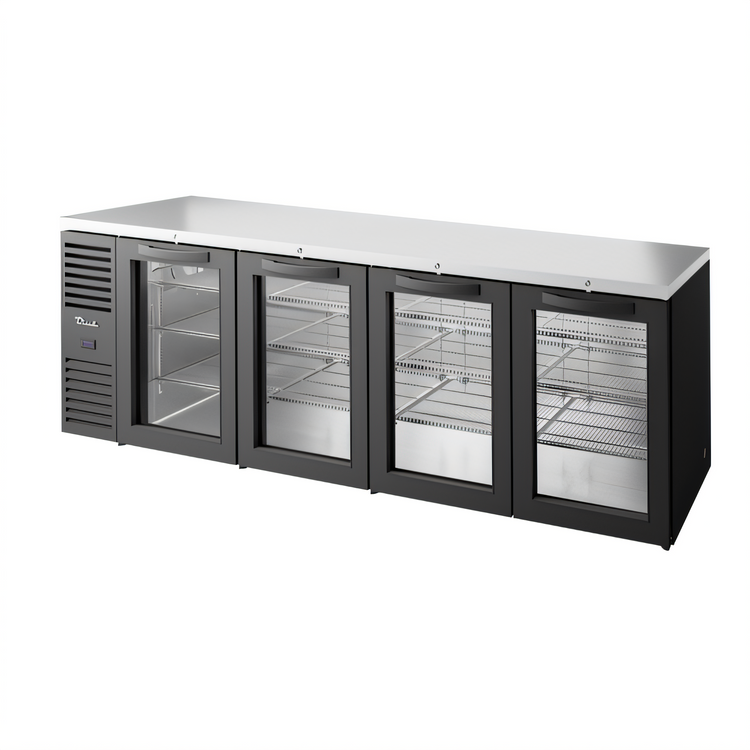Product image #1 for True Premier Bar Four-Section Refrigerated Back Bar Cooler with Locking Glass Doors, 108-Inch, Stainless Steel Top