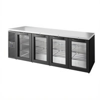 True Premier Bar Four-Section Refrigerated Back Bar Cooler with Locking Glass Doors, 108-Inch, Stainless Steel Top