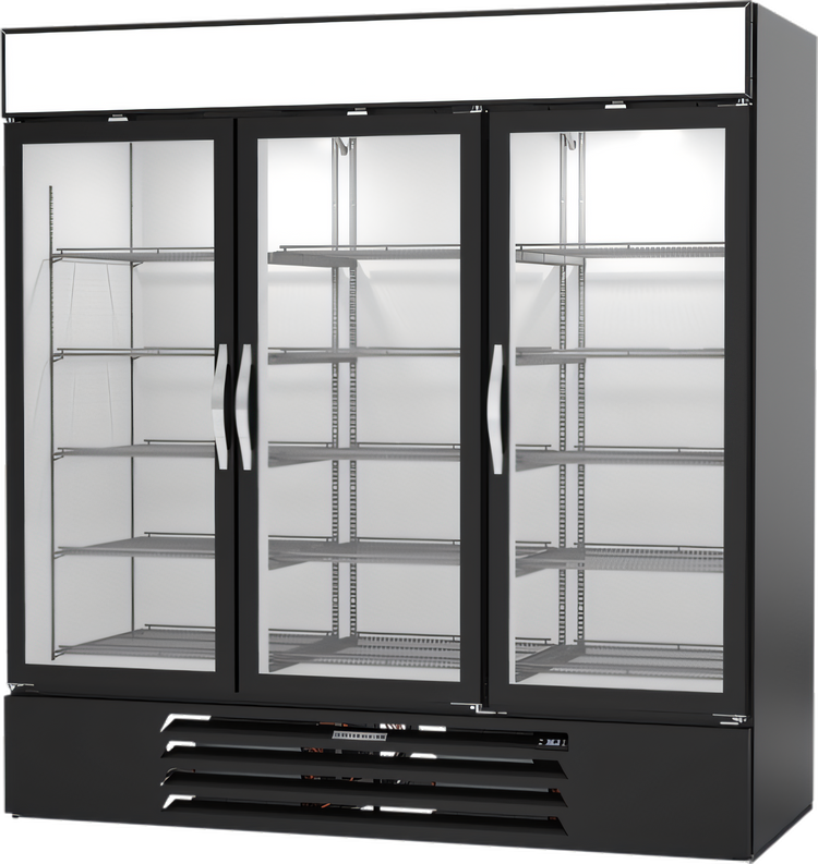 Product image #1 for Beverage-Air MarketMax 3-Section Reach-In Glass Door Refrigerated Merchandiser, 70.19 Cu. Ft., Black, Bottom-Mounted