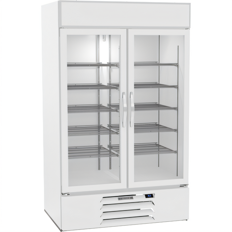 Product image #1 for Beverage-Air MarketMax 2-Section Reach-In Glass Door Refrigerated Merchandiser, 40.2 Cu. Ft., White, Bottom-Mounted
