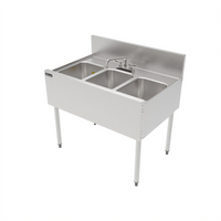 Top Shelf Three-Compartment Underbar Multi-Tank Sink Unit, 36 x 24 Inches, Stainless Steel, with Backsplash