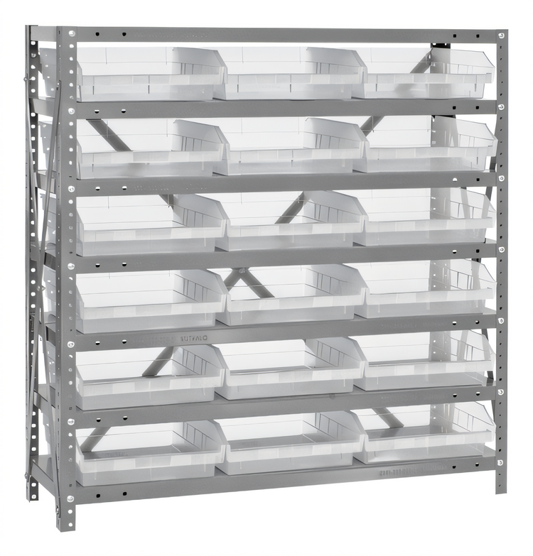 Product image #1 for Quantum Heavy-Duty Stationary Wire Shelving Unit with 7 Shelves and 18 Clear Bins, 36 x 18 x 39 Inches