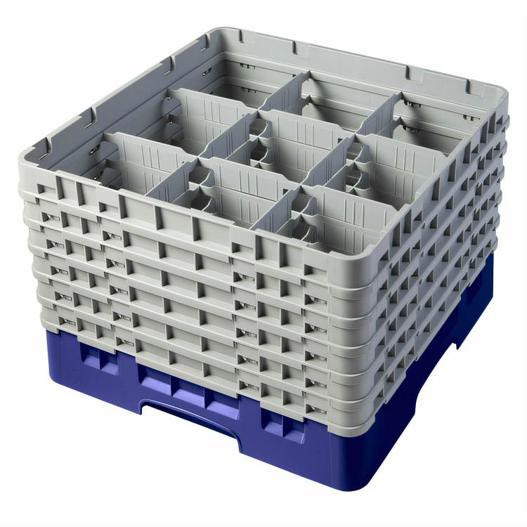 Product image #2 for Cambro Camrack® Full-Size 9-Compartment Glass Rack with 6 Soft Gray Extenders, Navy Blue