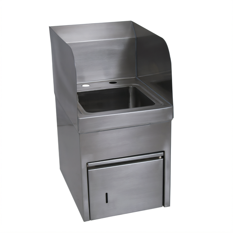 Product image #1 for BK Resources Wall-Mount Hand Sink with Integrated Towel Dispenser, Side Splashes, and 9 x 9 x 5 Bowl