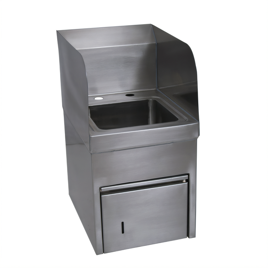 Product image #1 for BK Resources Wall-Mount Hand Sink with Integrated Towel Dispenser, Side Splashes, and 9 x 9 x 5 Bowl