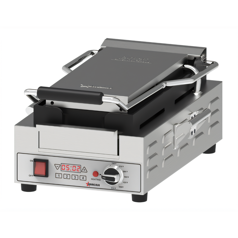 Product image #1 for Omcan Single Slim Countertop Panini Grill with Ribbed Cast Iron Plates, 14.7 x 7.8-Inch Surface, 120V