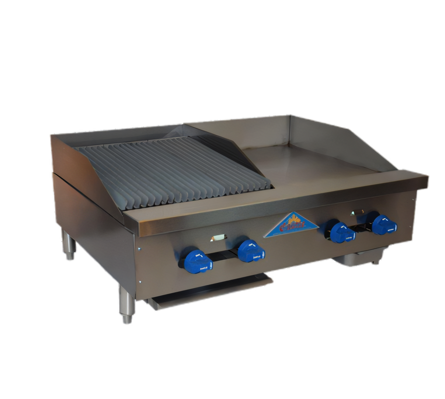 Product image #1 for Comstock-Castle Countertop Gas Char-Broiler/Griddle Combination, 36 in. Wide, 18 x 21 in. Sections, Lava Rock, 76,000 BTU