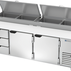 Thumbnail image #1 for Beverage Air DPD93HC-3 93-Inch Three-Section Pizza Prep Table with 2 Doors, 3 Drawers, and 19-Inch Cutting Board