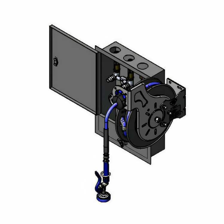 Product image #1 for T&S Brass Open Wall-Mount Retractable Hose Reel Assembly with Flush-Mount Stainless Steel Rinse Control Cabinet, 3/8 Inch x 35 Foot Hose
