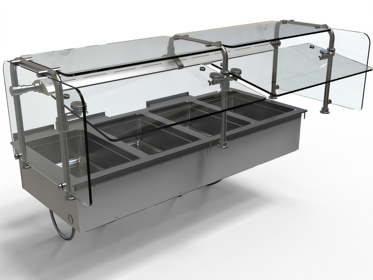 Product image #1 for Hatco Drop-In Modular/Ganged Hot Well Bundle with Sneeze Guard and Heat Lamp, 4 Full-Size Pan Capacity
