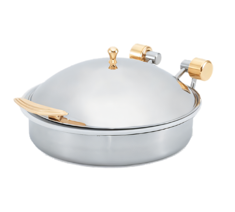 Product image #1 for Vollrath Intrigue® Large Round Solid Top Induction Chafer, 6 Quart, Brass Trim, Stainless Steel Food Pan
