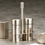 Thumbnail image #1 for American Metalcraft SP6 Round Stainless Steel Salt & Pepper Shaker Set with Rack Holder, 1 oz. Case of 60