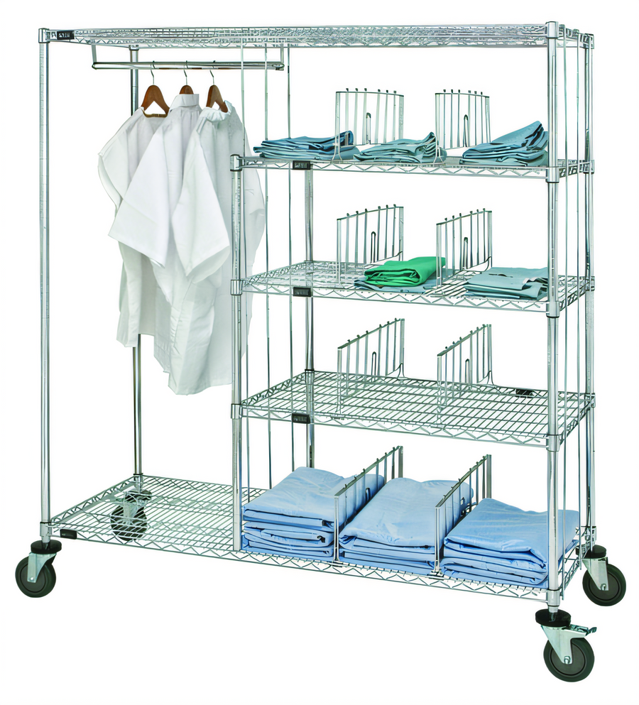 Product image #1 for Quantum Patient Apparel Cart with 24-Inch Hang Bar, Wire Shelves and Dividers, 60 x 24 x 69 Inches