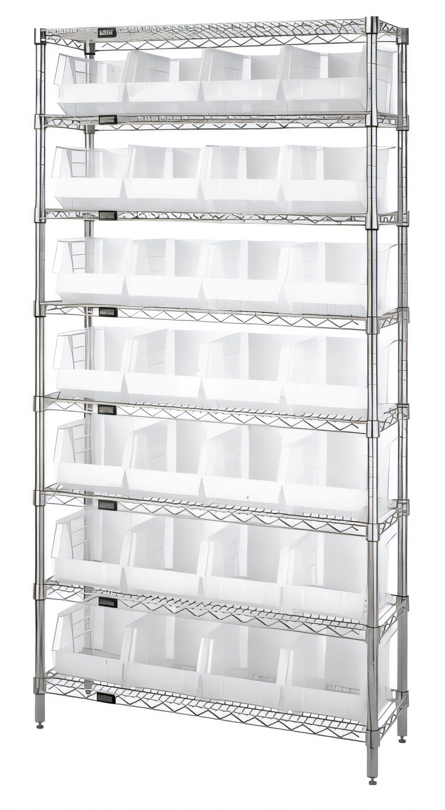 Product image #1 for Quantum 36-Inch W x 12-Inch D x 74-Inch H Bin Wire Shelving System with 8 Shelves and 28 Clear Bins, Chrome Plated