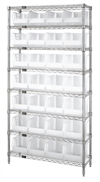 Quantum 36-Inch W x 12-Inch D x 74-Inch H Bin Wire Shelving System with 8 Shelves and 28 Clear Bins, Chrome Plated