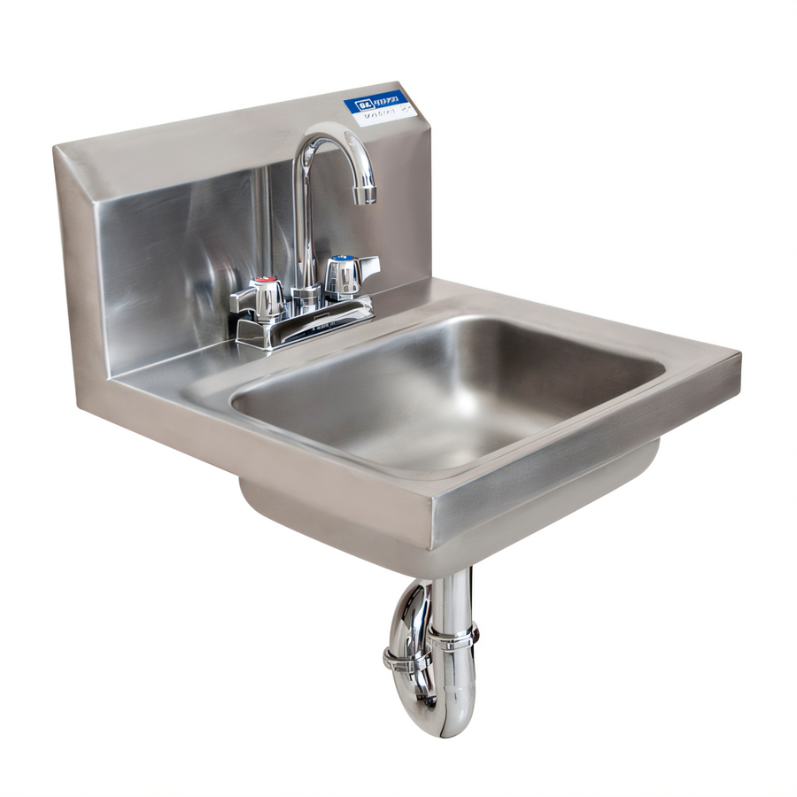 Product image #1 for BK Resources 304 Stainless Steel Wall-Mount Hand Sink with 14" x 10" x 5" Bowl, Faucet, P-Trap, and Basket Drain
