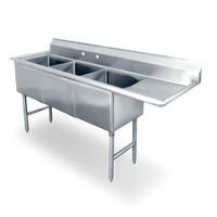 Steel Works Stainless 74.5-Inch 3-Compartment 18-Gauge 304 Stainless Steel Sink with 24-Inch Right Drainboard
