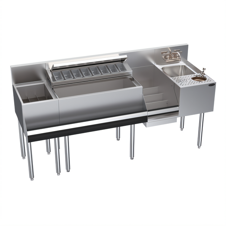 Product image #1 for Krowne Zero-Step Underbar Beverage Workstation, 68-Inch Wide x 24-Inch Deep, with 30-Inch Ice Bin, Dump Sink, Glass Rinser, and Speedrail