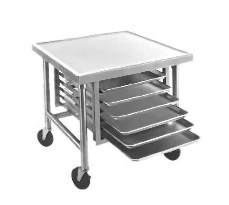 Product image #1 for Advance Tabco Mobile Mixer Table with Tray Slides and 6-Pan Rack, 36 Inch x 30 Inch x 28 Inch, 304 Stainless Steel Top, Galvanized Base