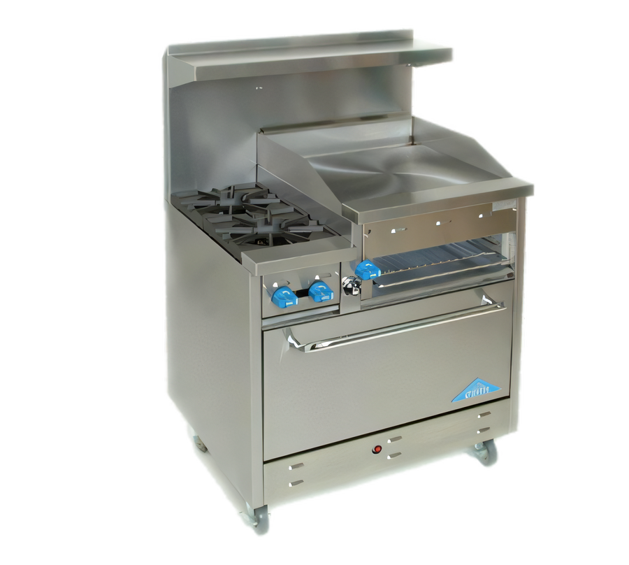 Product image #1 for Comstock-Castle 36-Inch Gas Raised Griddle Range with Extra-Wide 31-1/2-Inch Oven, Stainless Steel Exterior, Back Riser and High Shelf