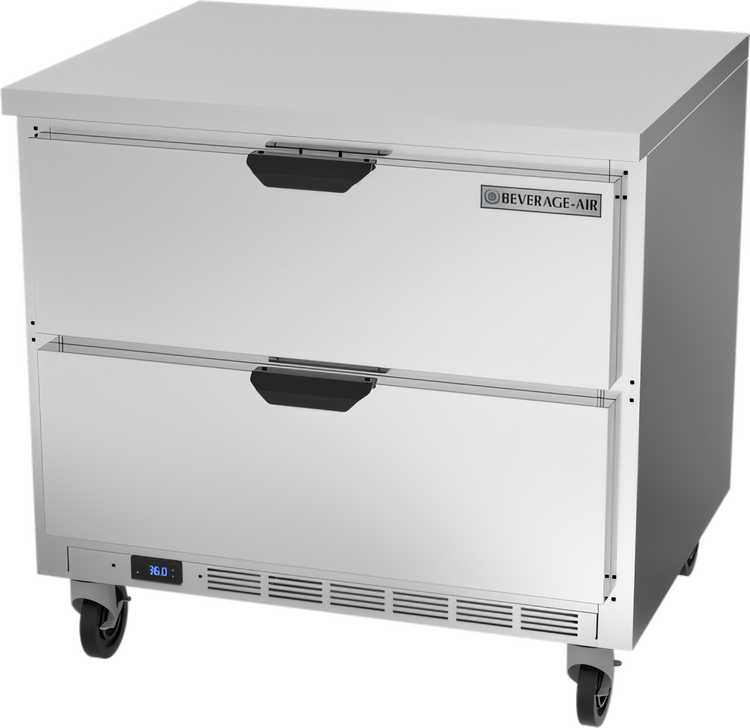 Product image #1 for Beverage-Air 36-Inch One-Section Worktop Drawer Refrigerator, Flat Top, 2 Drawers, Self-Contained R290, 8.5 Cu. Ft.
