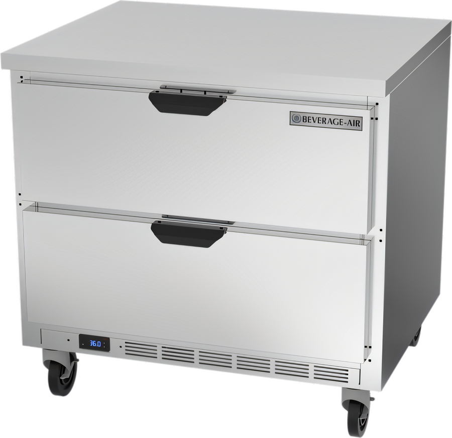 Product image #1 for Beverage-Air 36-Inch One-Section Worktop Drawer Refrigerator, Flat Top, 2 Drawers, Self-Contained R290, 8.5 Cu. Ft.