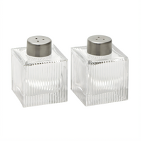 Vintage Ribbed Square Stainless Steel and Glass Salt & Pepper Shaker Set, 2 oz.