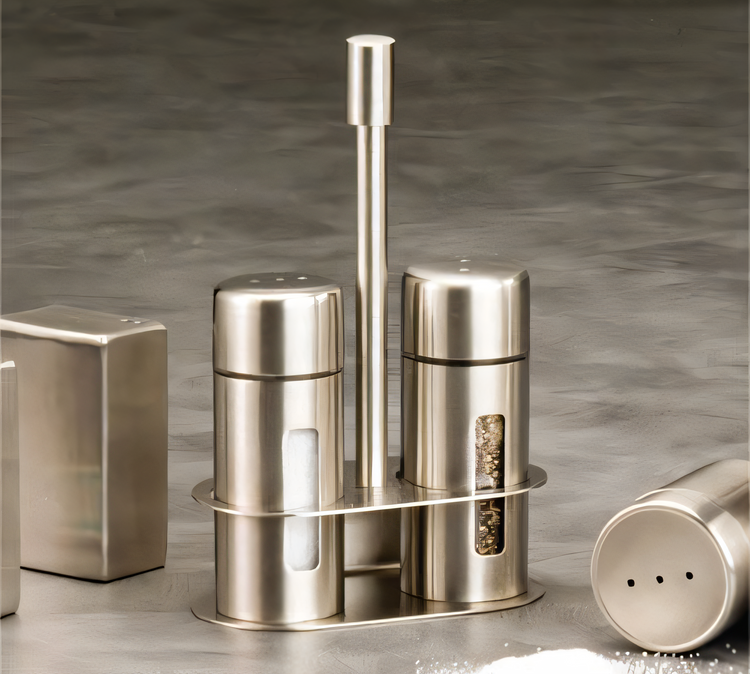 Product image #1 for Stainless Steel Salt & Pepper Shaker Set with Rack Holder, 1 oz.