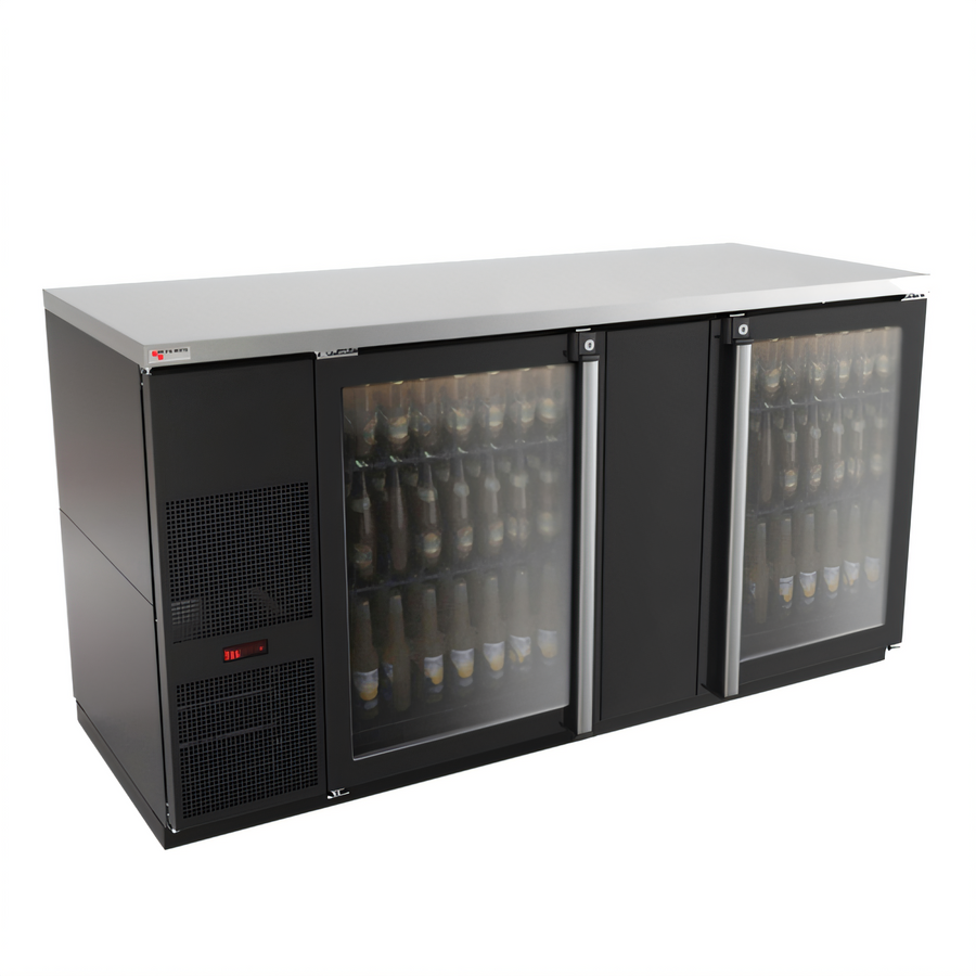 Product image #1 for Pro-Line E-Series Two-Section Refrigerated Back Bar Cabinet with Glass Doors, 69-1/2 Inch Wide, 28 Cu Ft, Self-Contained
