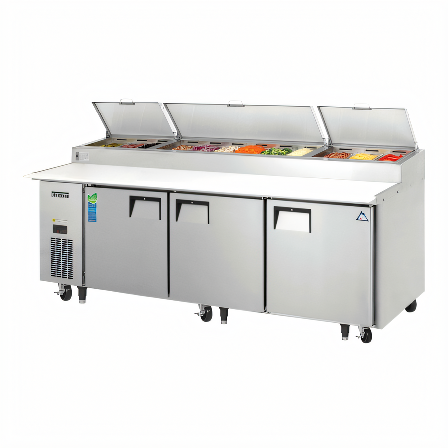 Product image #1 for Everest Refrigeration EPPR3 Three-Section Pizza Prep Table, 93-1/8 Inch Wide, Self-Contained Side-Mounted Refrigeration