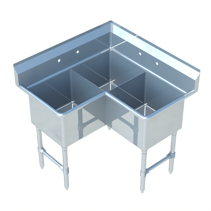 Product image #1 for Corner 3-Compartment Stainless Steel Commercial Sink with 9-Inch Backsplash