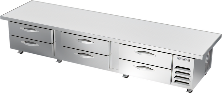 Product image #1 for Beverage-Air Three-Section Worktop Cook Stand Refrigerator, 120-Inch, 24.36 Cu. Ft., 6-Drawer, Marine Top, Stainless Steel, Side-Mounted Self-Contained