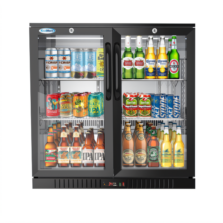 Product image #1 for KoolMore 35-Inch Two-Door Back Bar Refrigerator, 7.4 Cu. Ft., Black, Glass Swing Doors
