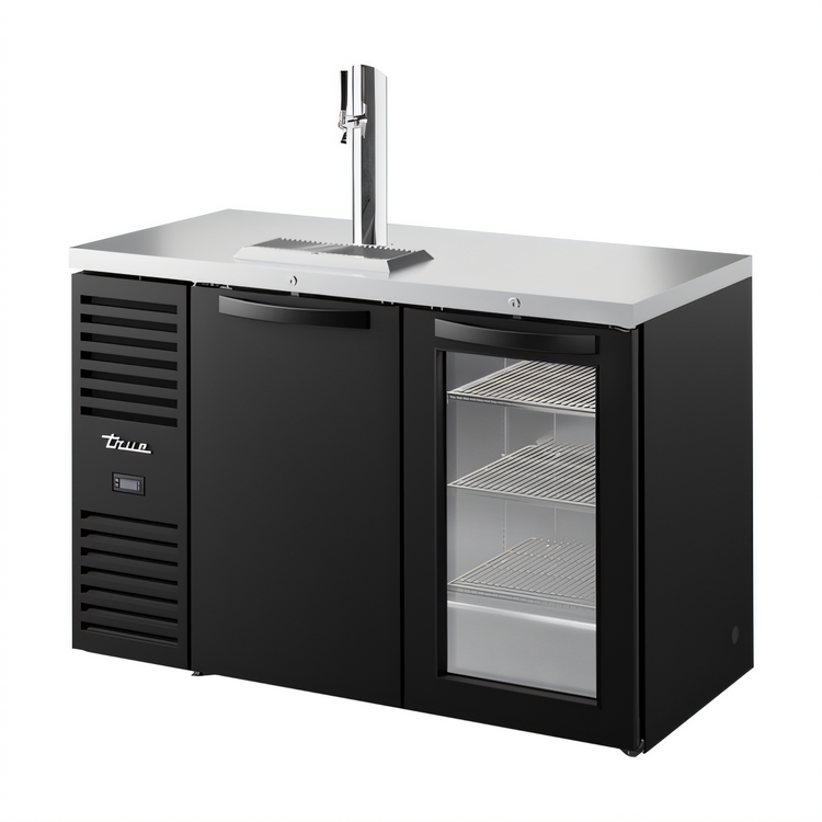 Product image #1 for 52-Inch Wide Two-Section Refrigerated Draft Bar Cooler with Stainless Steel Countertop, Black Exterior, and 1 Beer Column