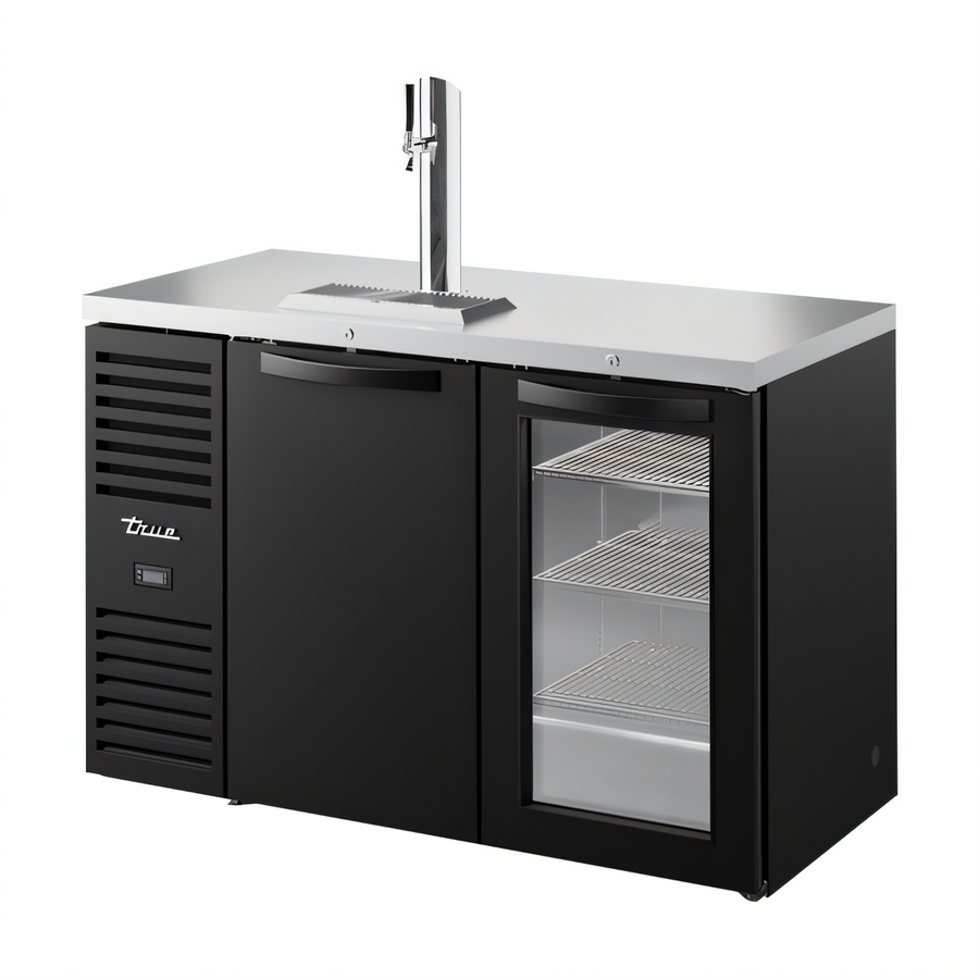 Product image #1 for 52-Inch Wide Two-Section Refrigerated Draft Bar Cooler with Stainless Steel Countertop, Black Exterior, and 1 Beer Column