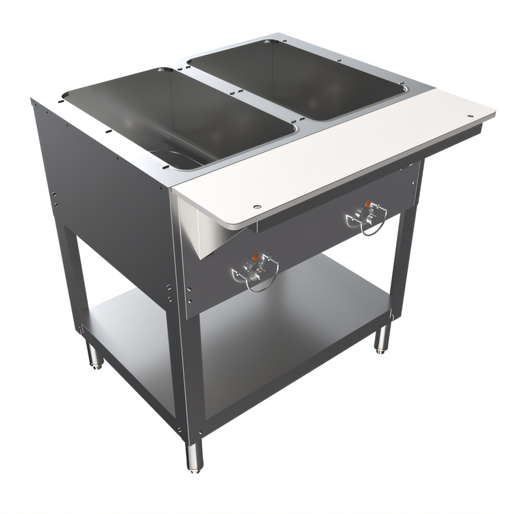 Product image #1 for BK Resources 2-Pan Electric Open Well Steam Table with Open Shelf Base and Cutting Board, 120V