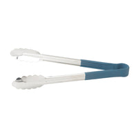 Winco 9-Inch Heavy-Duty Stainless Steel Utility Tongs with Blue Plastic Handle and Scalloped Edge