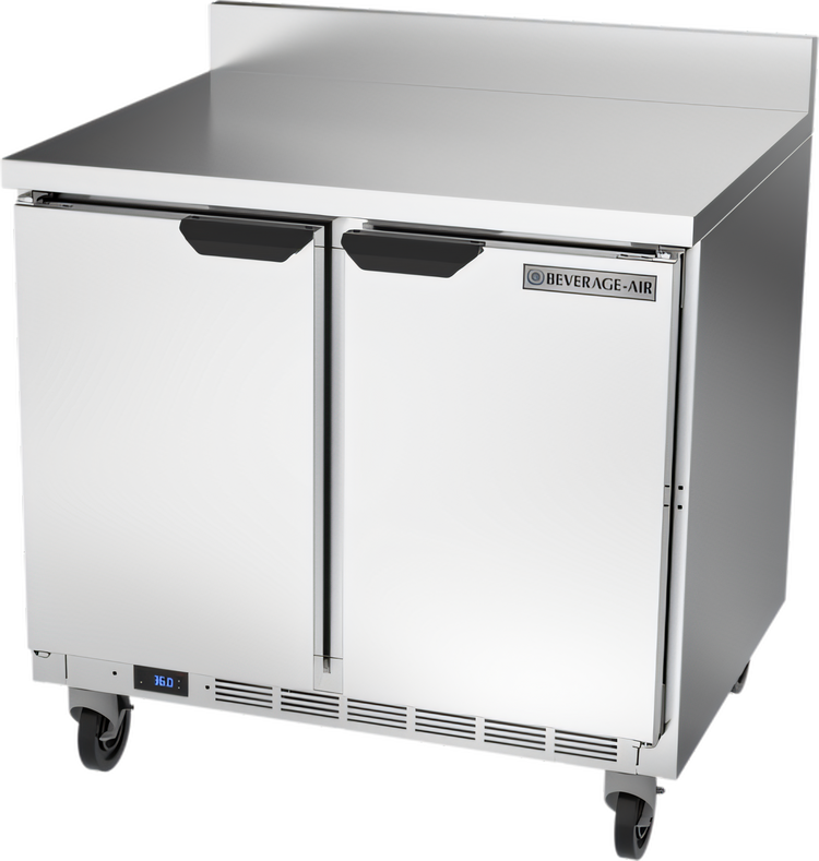Product image #1 for Beverage-Air Two-Section 36-Inch Worktop Refrigerator with Solid Doors and 4-Inch Backsplash, 8.5 Cu. Ft.