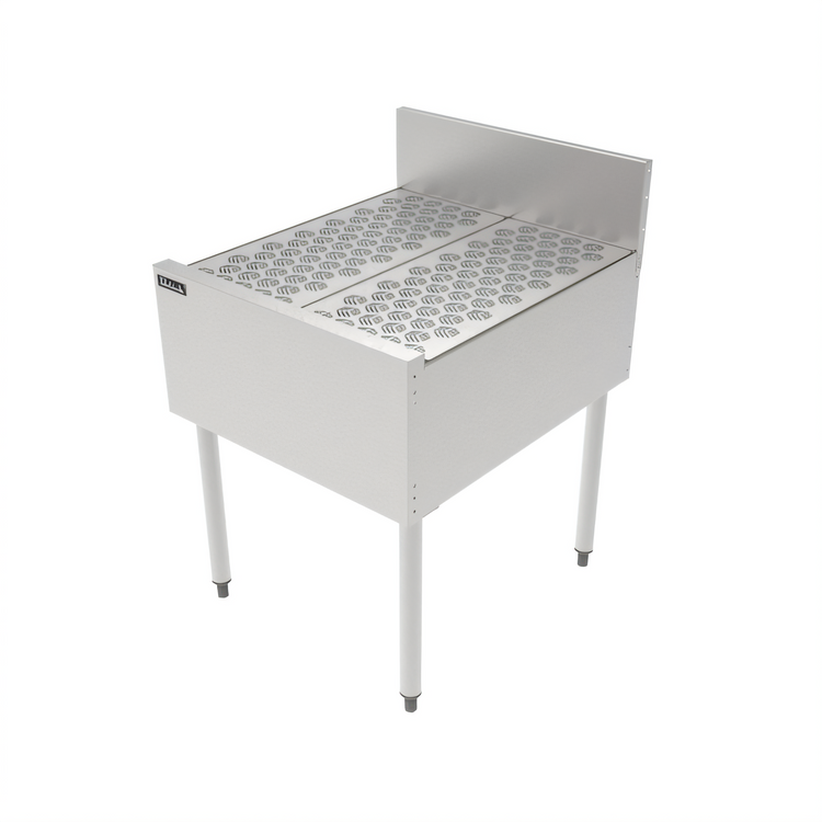 Product image #1 for Top Shelf TSCE Series 24-Inch Freestanding Stainless Steel Underbar Drainboard with Backsplash and Glass Rack Inserts