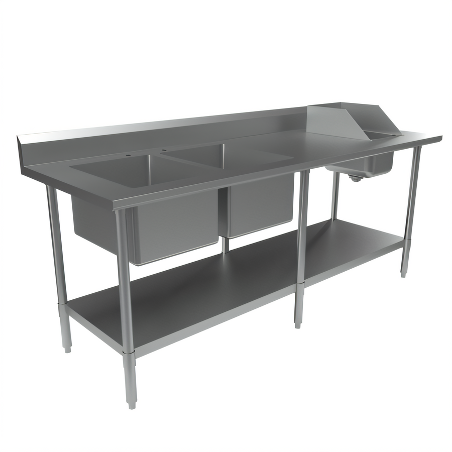 Product image #1 for BK Resources 84 Inch x 30 Inch 16-Gauge 304 Stainless Steel Sink Table with Two 16 x 20 Prep Bowls and Handsink, Left-Side Layout